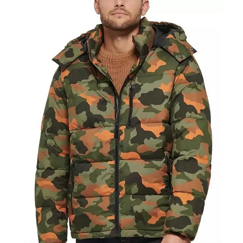 NEW! Club Room by Macys Stretch Hooded Puffer Jacket! Camo Brown Green Orange
